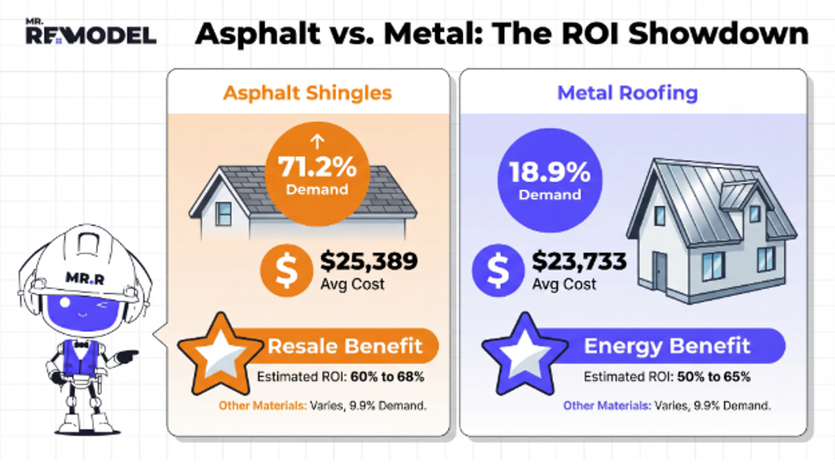 A comparison infographic illustrating the market demand, average cost, and specific ROI benefits of asphalt shingles versus metal roofing in 2026.